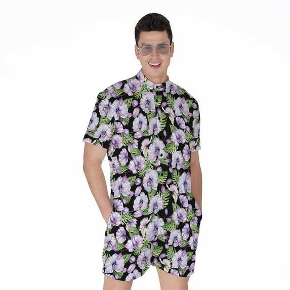 Watercolor Cattleya Pattern Short Sleeve Men'S Rompers, Zigzag Zigzag Casual Summer Jumpsuits Outfit