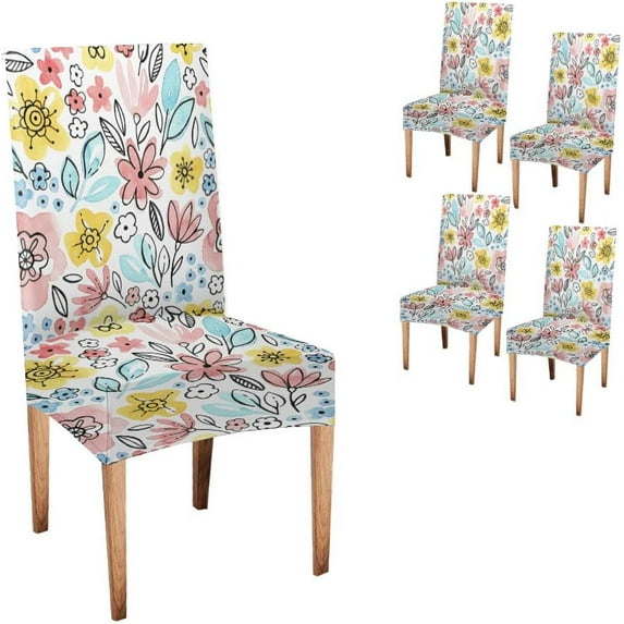 Watercolor Chair Covers Pattern Pink and Yellow Flowers and Green Leaves Chair Covers Set of 4 Stretch Removable Washable Slipcovers for Dining Room Hotel Kitchen