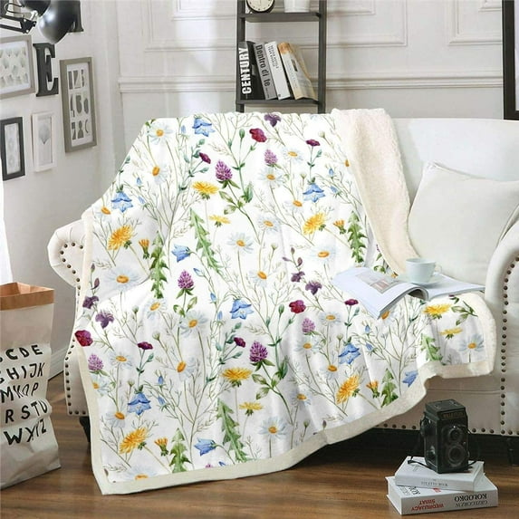 Watercolor Chamomile Plush Blanket for Sofa Couch Bed Clover Fleece Throw Blanket Decorative Botanical Floral Sherpa Blanket Blossom Wild Flowers Fuzzy Blanket Colorful 40x50 Inch