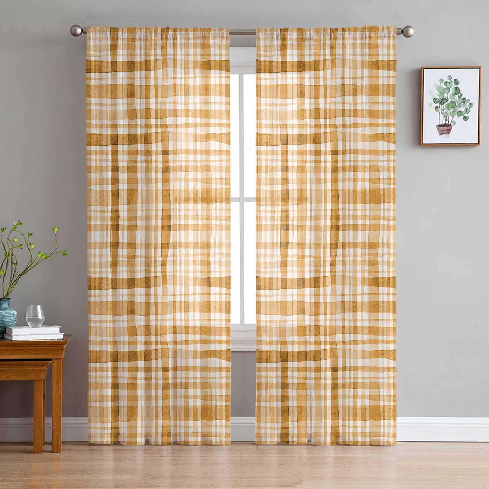 Watercolor Checkered Brown Sheer Tulle Home ration Living Room Bedroom ...