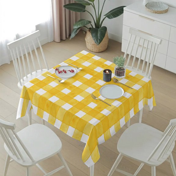 Watercolor Checkered Pattern Table Cloth 54x54in, Waterproof Square Tablecloth Wipeable Tablecloths Orange and Yellow Striped Plaid Table Covers for Dining Tables Party Indoor Outdoor
