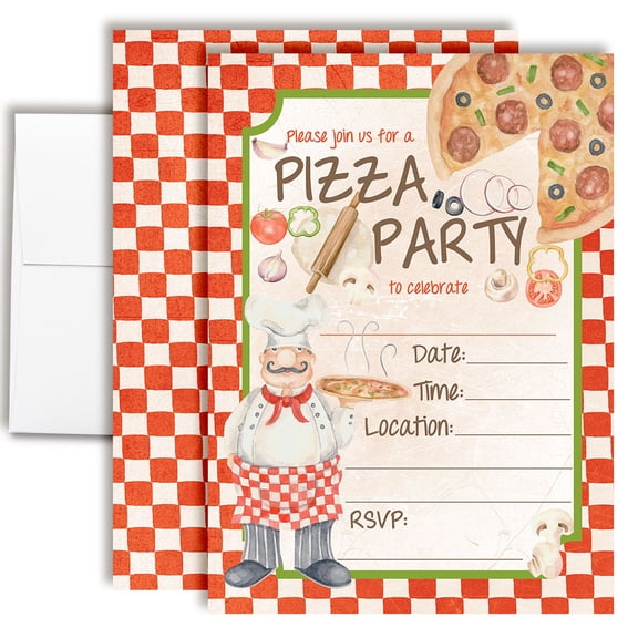 Watercolor Chef Pizza Party Birthday Invitations for Kids, 20 Fill-In Cards with Envelopes, 5x7 Children's Birthday Party Invitations, Birthday Party Supplies, Made in USA by Amanda Creation