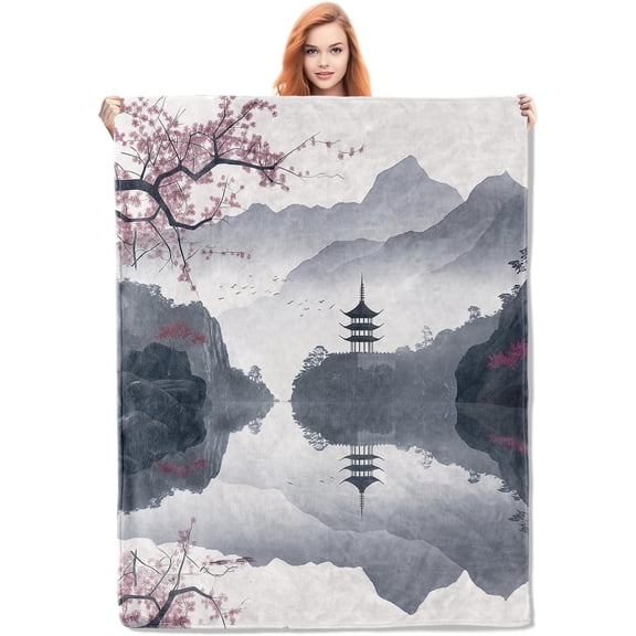 Watercolor Cherry Blossom Blanket Gifts for Women Girls Adults Kids Soft Warm Lightweight Cozy East Asian Landscape Flower Throw Blankets for Bed Living Room Sofa Travel Home Decor 50"x40"
