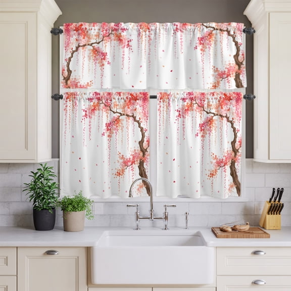 Watercolor Cherry Blossom Curtain Tier and Valance Set 3 Piece,Pink Coral Flower Petals 3-inch Rod Pocket Window Tier Curtains Valance for Kitchen Living Room