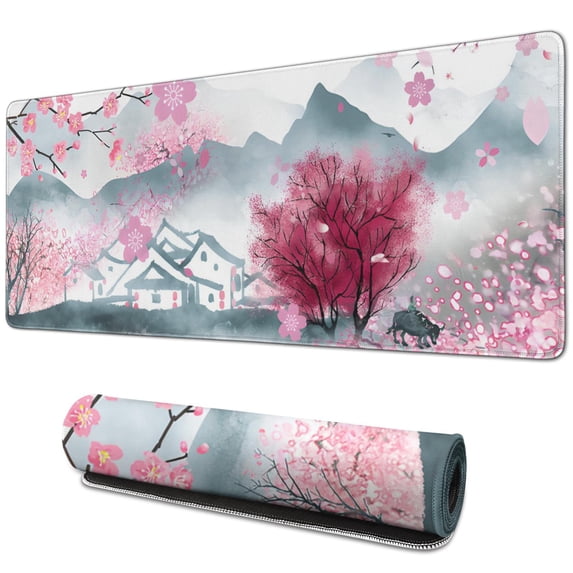 Watercolor Cherry Blossom Gaming Mouse Pad: Large 31.5x11.8 Inch Desk Mat, Non-Slip Base, Stitched Edges - Offers Superior Control & Style, Perfect for Any Desk or Home Office Setup.