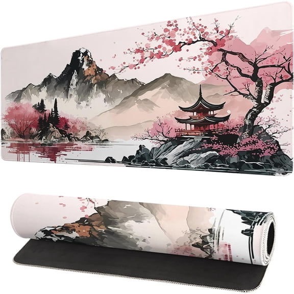 Watercolor Cherry Blossom Large Gaming Mouse Pad,Mouse Pad Gaming 31.5 x 11.8 in Mouse Mat Desk Pad,Large Desk Mat,Extended Keyboard Mousepad with Non-Slip Base and Stitched Edge for Desk Home Office
