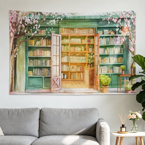 Watercolor Cherry Blossom Library Wall tapestry,Large size Printed Horizontal Tapestry blanket,Polyester Fabric Wall Hanging for living room,home office,No Installation Required,Indoor,Outdoor,Gift f