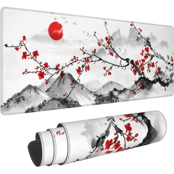 Watercolor Cherry Blossom Mouse Pad 31.5x11.8 Inch Pink Full Desk Japanese Sakura Mousepad Extended Large Non-Slip Rubber Base Waterproof Big Keyboard Mat with Stitched Edges for Gaming and Office
