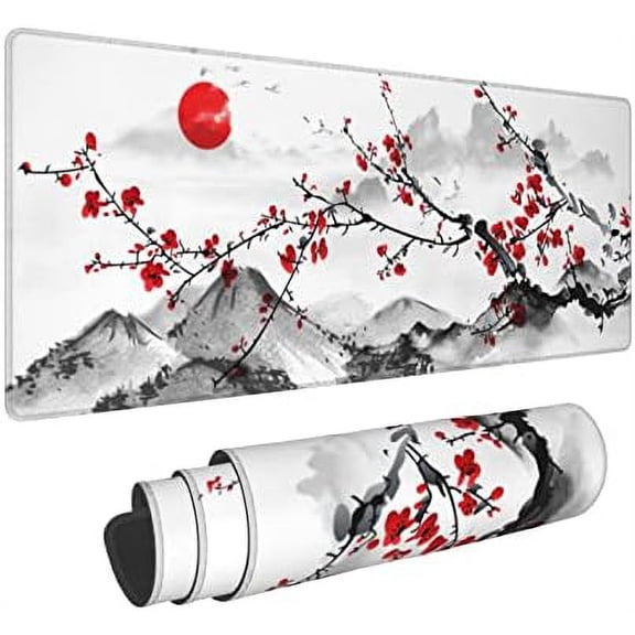 Watercolor Cherry Blossom Mouse Pad 31.5x11.8 Inch Pink Full Desk Japanese Sakura Mousepad Extended Large Non-Slip Rubber Base Waterproof Big Keyboard Mat with Stitched Edges for Gaming and Office