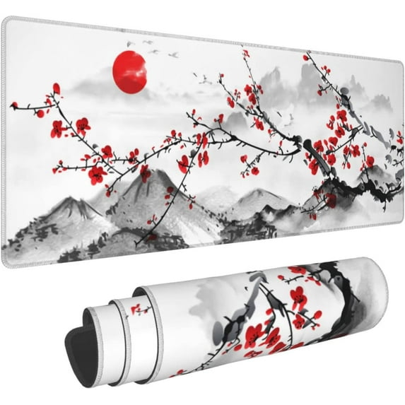 Watercolor Cherry Blossom Mouse Pad 31.5x11.8 Inch Pink Full Desk Japanese Sakura Mousepad Extended Large Non-Slip Rubber Base Waterproof Big Keyboard Mat with Stitched Edges for Gaming and Office