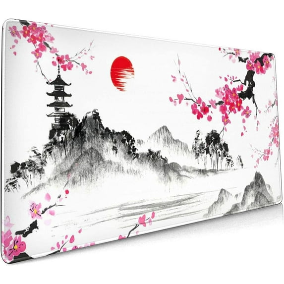 Watercolor Cherry Blossom Mouse Pad 35.4 X 15.7 Inch Japanese Hills Extended Large Pink Mouse Mat Non-Slip Rubber Base Mousepad with Stitched Edges Waterproof Desk Pad for Gaming&Home Office,XL