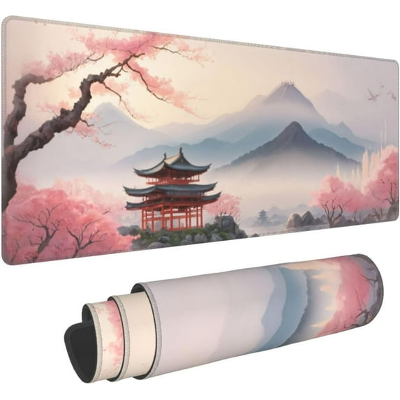 Watercolor Cherry Blossom Mouse Pad Full Desk Japanese Mouse Pad Extended Large Non-Slip Rubber Base Waterproof Large Keyboard Mat with Stitched Edges for Gaming Office Home