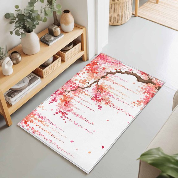 Watercolor Cherry Blossom Rectangle Area Rug 2x3ft,Living Room Rug Non-Slip Washable Circle Rugs Pad,Pink Coral Flower Petals Soft Floor Carpet for Bedroom Dining Room