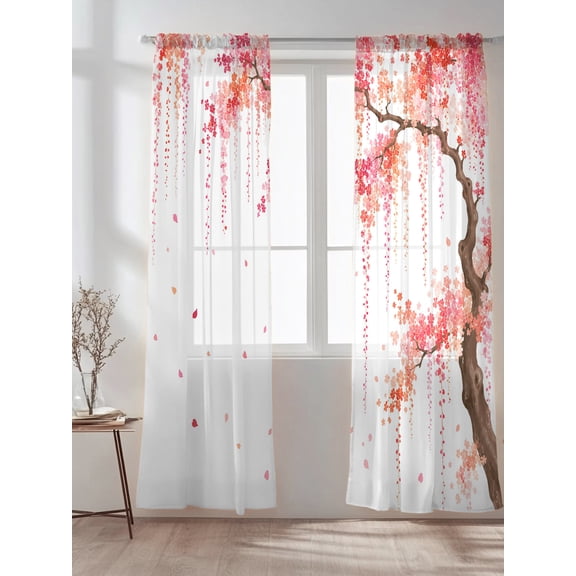 Watercolor Cherry Blossom Sheer Curtains 2 Panels Set Pink Coral Flower Petals Lihgt Filtering Rod Pocket Voile Drape,Semi Sheer Window Curtains for Bedroom Living Room,52"x84"