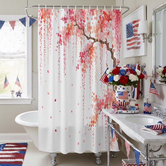 Watercolor Cherry Blossom Shower Curtain for Bathroom, Pink Coral Flower Petals Waterproof Shower Curtains Washable Quick Dry with Hooks Bathtub Curtains 36x72IN