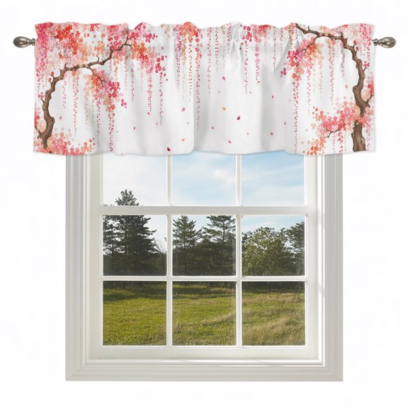 Watercolor Cherry Blossom Valances for Windows Pink Coral Flower Petals Rod Pocket Curtain Valance Window Treatment Short Curtains for Kitchen Living Room,42x12in