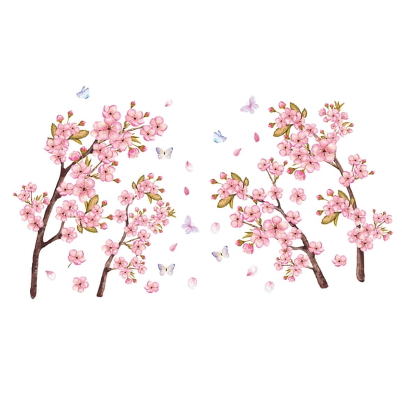 Watercolor Cherry Blossom Wall Decals With Butterfly Sticker - Pastel Pink Flower Decor Vinyl Art for Bedroom Bathroom Living Room Nursery Decorations