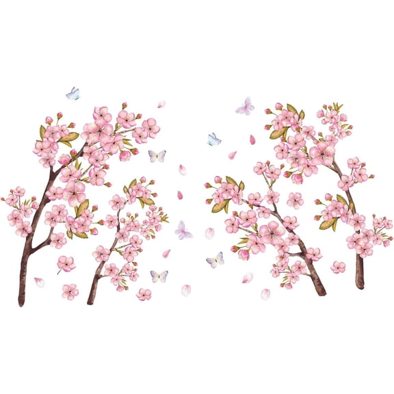 Watercolor Cherry Blossom Wall Decals With Butterfly Sticker - Pastel Pink Flower Decor Vinyl Art