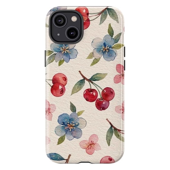 Watercolor Cherry & Blue Floral Phone Case, Cute Vintage Botanical Pattern for iPhone 17 16 15 14 13 12 11 Pro Plus Mini