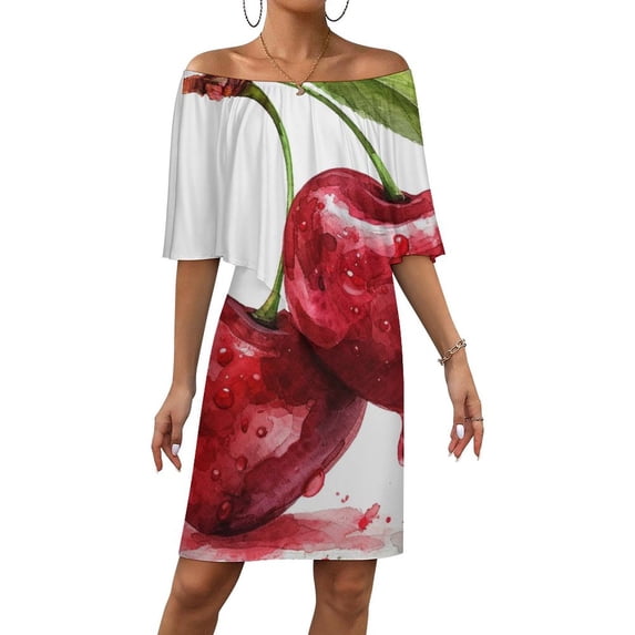 Watercolor Cherry Love Heart Women's Off The Shoulder Ruffles Summer Wedding Guest Loose Casual Party Beach Dress