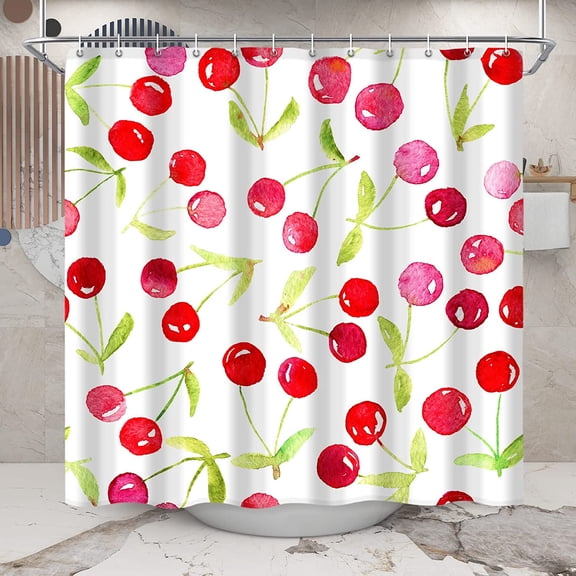 Watercolor Cherry Shower Curtain, Cute Fruit Shower Curtain Bright Colorful Bathroom Decor, 72 x 72 Inch Waterproof Polyester Fabric Set with 12 Hooks
