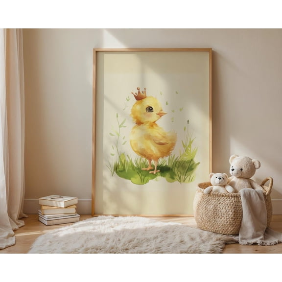Watercolor Chick Print, Crowned Baby Bird, Yellow Green Nursery Decor Poster Unframed Paper Print
