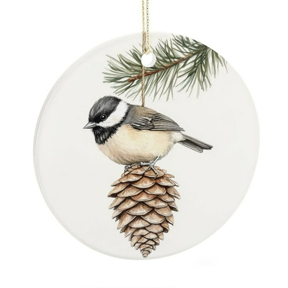 Watercolor Chickadee Bird Pine Cone Nature Christmas Ornaments Bird Lover Gifts Christmas Tree Hangings Christmas Decorations Ceramic Ornaments