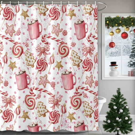 Shower Curtains Sets for Bathroom Decor Watercolor Christmas Candy Cane Waterproof Bathroom Curtain with Hooks, Pink Cup for Bathroom Decor,36x72IN