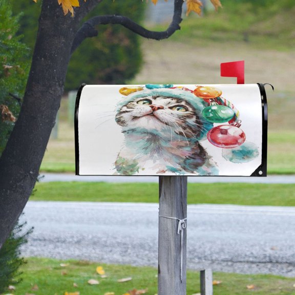 Watercolor Christmas Cat with Light Magnetic Mailbox Cover Rust Protection Yard Decor 25.4" x 20.78"