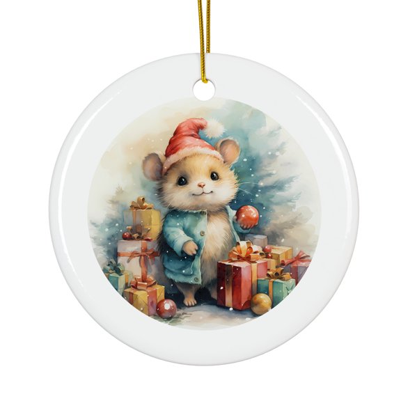 Watercolor Christmas Cute Mouse With Santa Hat Magical Season Treasure For Gifts And Surprises Hanging Round Ornament