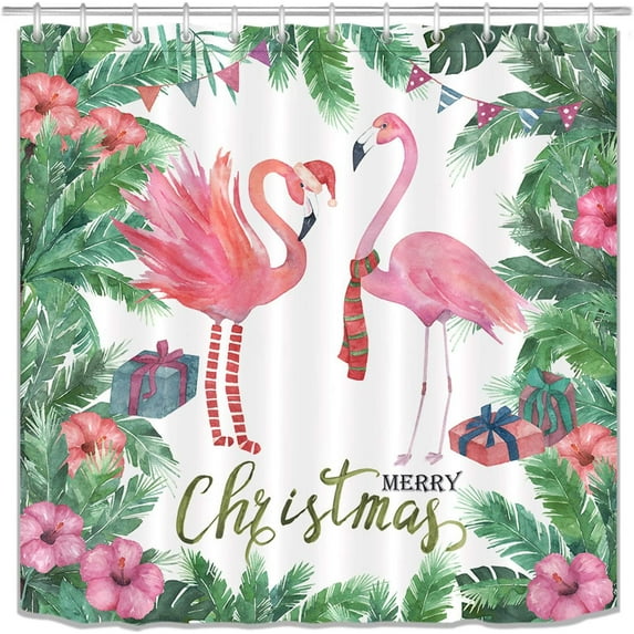 Watercolor Christmas Flamingo Shower Curtain Set Green Tropical Plant Palm Leaves Bathroom Curtain Decor,Bath Curtain Hooks Include,72x72 inch Waterproof Fabric