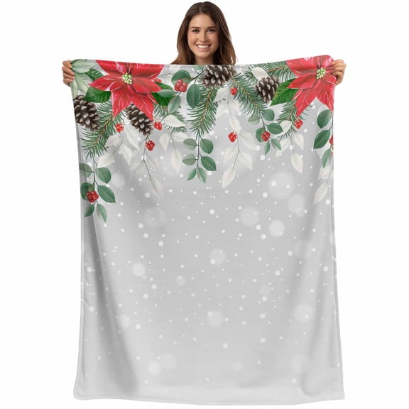 Watercolor Christmas Floral Throw Blankets, Grey Winter Botanical Leaf Flowers Soft Fleece Blanket Decorative for Home Sofa Couch Chair Living Bedroom, 30x40 Inches,