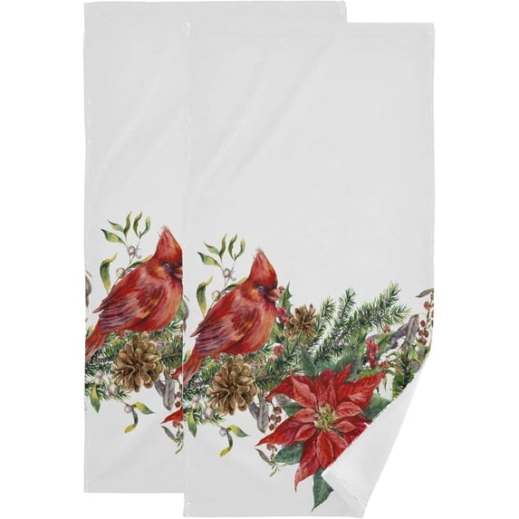 Watercolor Christmas Flower Hand Towels 2 PCS, Red Bird Cute Kitchen Towel Ultra Soft and Highly Absorbent,Decorative Fingertip Face Towel for Bathroom Hotel, 28.3"x14.4"