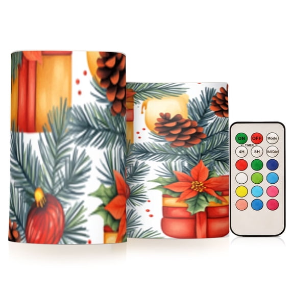 Watercolor Christmas Gifts Flickering Flameless Candles Battery Operated with Remote Timer LED Pillar Candles Set of 2