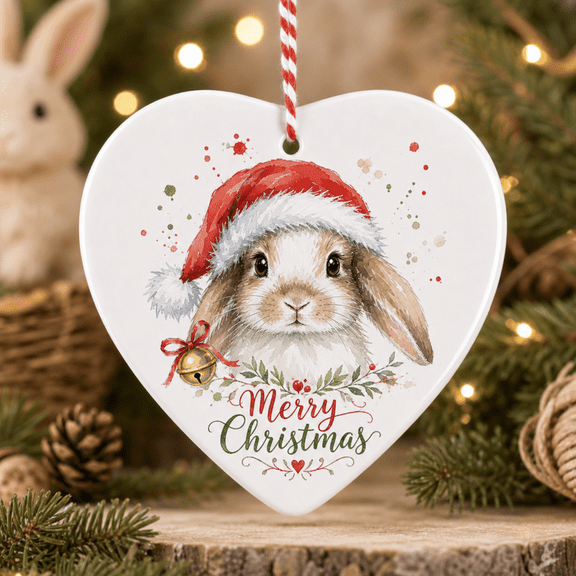 Watercolor Christmas Ornament Bunny Heart Hanging Tree Decor Holiday Gift