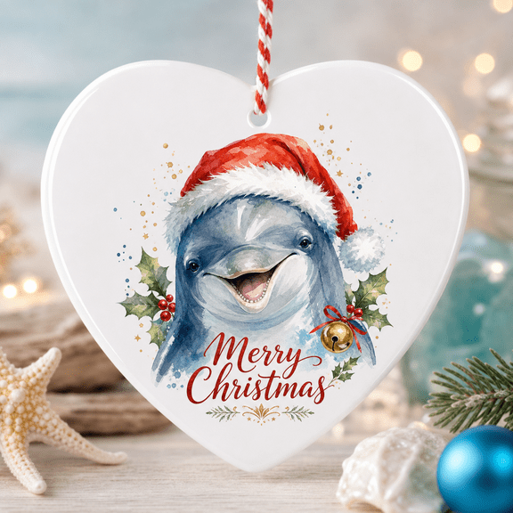 Watercolor Christmas Ornament Dolphin Heart Hanging Tree Decor for Coastal Holiday Homes