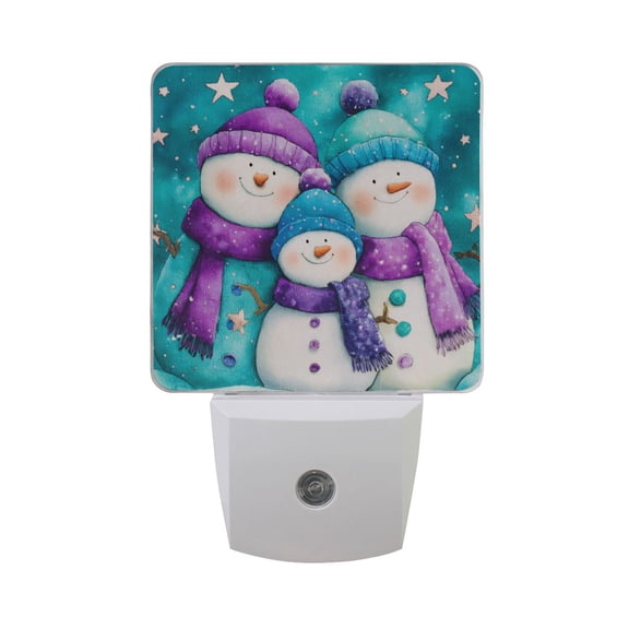 Watercolor Christmas Snowman Family with Stars LED Night Light Sensor Lamp Plug-in Adjustable Brightness 2 Pack