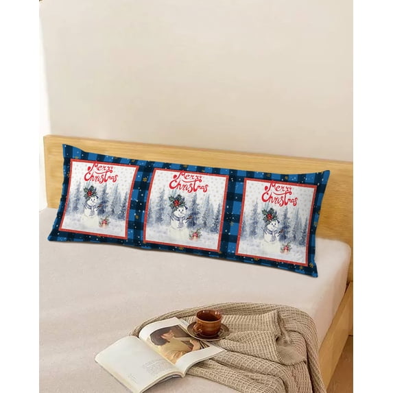 Watercolor Christmas Snowman Throw Pillow Cover,Winter Snowflake Blue Plaid Rectangle Decorative Pillow Case Protector Soft Cushion Cover Lumbar Pillowcase for Couch Sofa Bedroom Car Decor 20x54 Inch