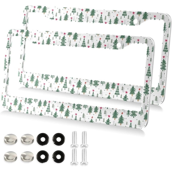 Watercolor Christmas Tree License Plate Frame - 2 Pack Universal Stainless Steel License Plate Holder with Screws & Chrome Caps, 2 Holes Car License Plate Cover for US Vehicles Home Decor