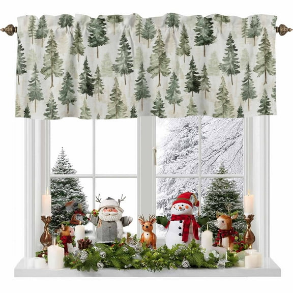 Watercolor Christmas Tree on Linen Valances for Windows,Kitchen Valance Rod Pocket Short Curtain,Seamless Green Pine Trees Valance Curtain Window Valances for Bedroom 54x18in