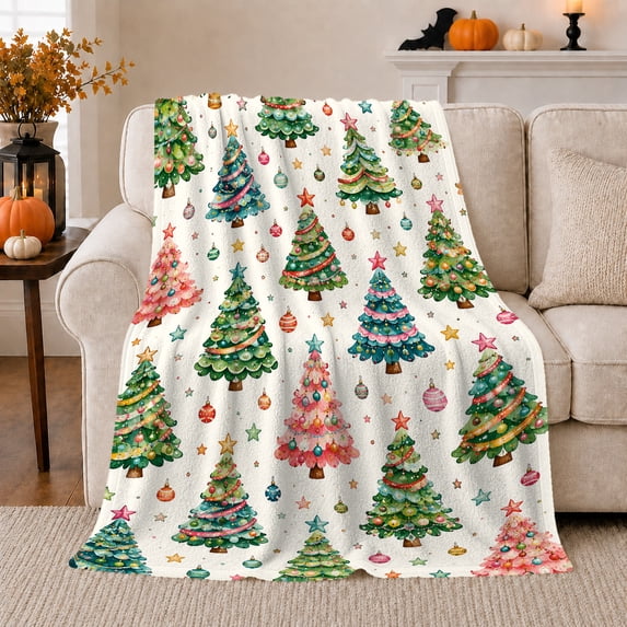 Watercolor Christmas Tree Pattern with Ornaments Stars and Pink Green Forest Motifs, Cheerful Holiday Art Cozy Flannel Blanket, Christmas Gift for Family Room Home Decor