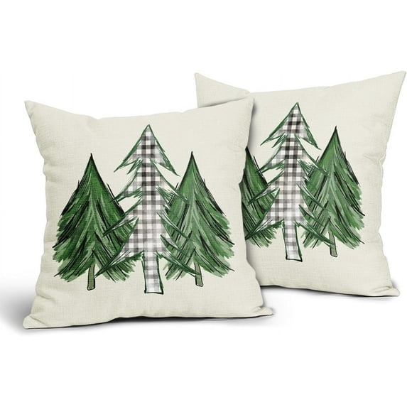 Watercolor Christmas Tree Pillow Covers 16X16 Inch Green Black White Buffalo Plaid Decorative Pillow Cases Xmas Holiday Square Throw Pillows Set of 2 Home Decor For Sofa Couch Bedroom Porch