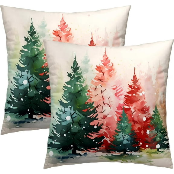 Watercolor Christmas Tree Pillow Covers Set of 2 - Red Green Xmas Pine Trees Decorative Pillow Cases for Winter Holiday Indoor Home Decor Couch Sofa Bed 16x16 Inch