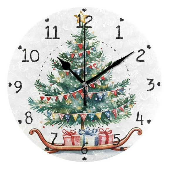Watercolor Christmas Tree Sleigh with Gifts Round Wall Clock Silent Analog Battery Operated Black Pointer Home Decor 9.84" Diameter