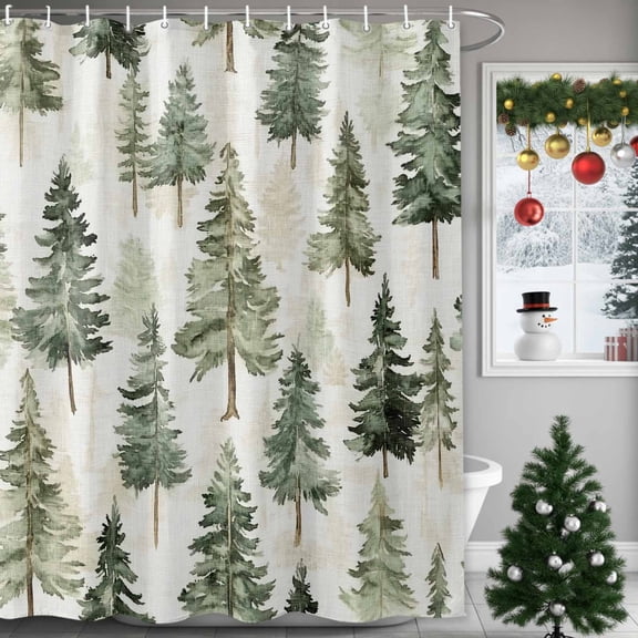 Shower Curtains Sets for Bathroom Decor Watercolor Christmas Tree on Linen Waterproof Bathroom Curtain with Hooks, Seamless Green Pine Trees for Bathroom Decor,60x72IN