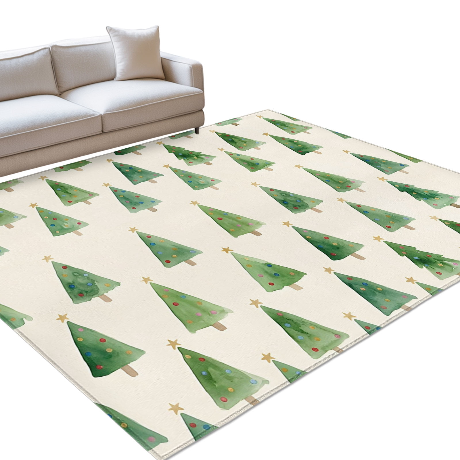 Watercolor Christmas Trees Area Rug 9'x12', Minimalist Sage Green Pine ...