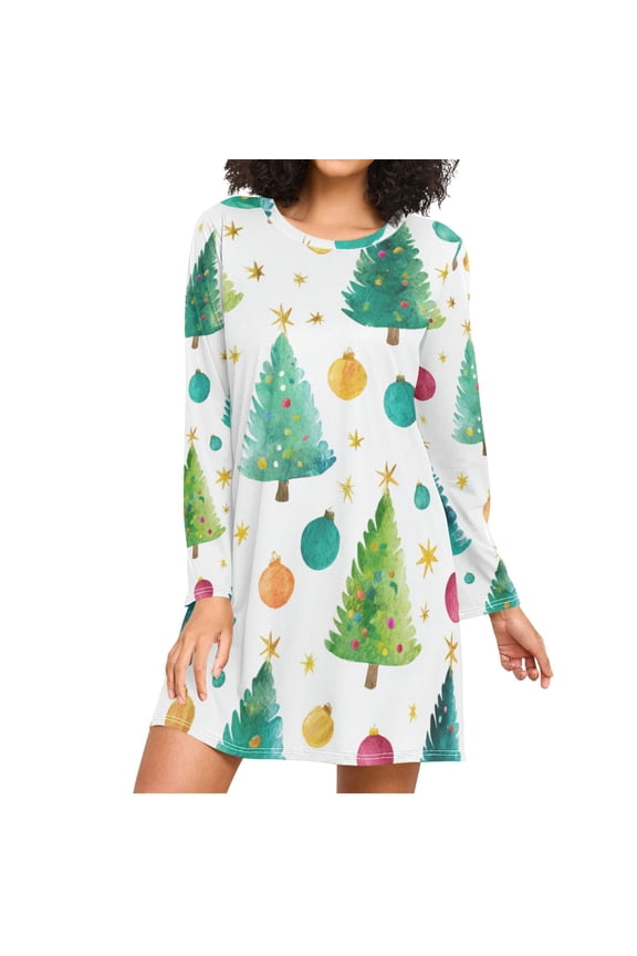 Watercolor Christmas Trees Colorful Light Stars Women's Long Sleeves Nightgowns Sleepwear Soft Pajama A-line Sleep Dress M