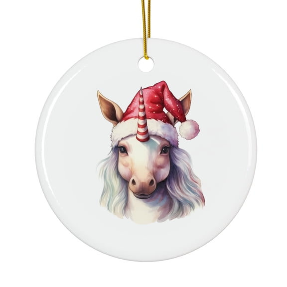 Watercolor Christmas Unicorn With Red Hat Magical Season Treasure For Gifts And Surprises Hanging Round Ornament