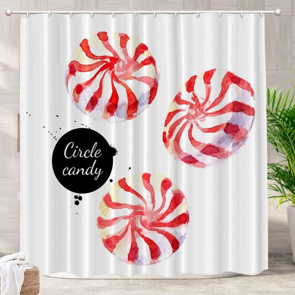 Watercolor Christmas White Decorative Shower Curtain, Red and White Peppermint Swirl Candy Shower Curtain Cute Long Wide Shower Curtain for Bathroom Farmhouse Bathtub Waterproof Washable