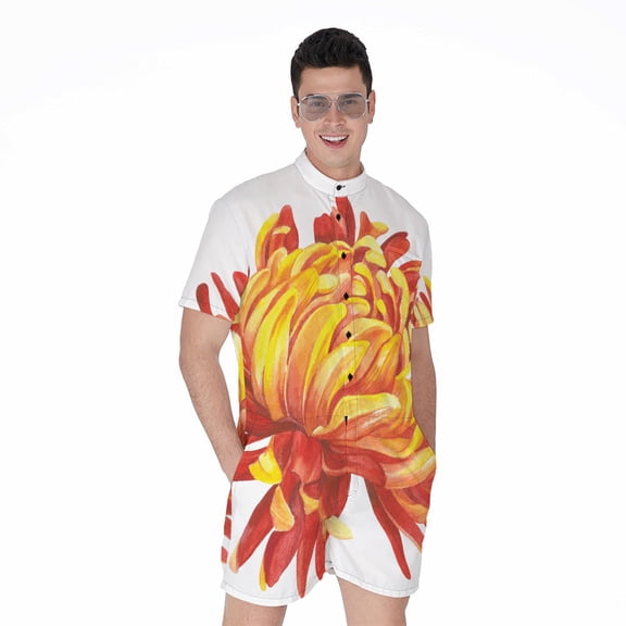 Watercolor Chrysanthemum Short Sleeve Men'S Rompers Casual Summer Jumpsuits Outfit